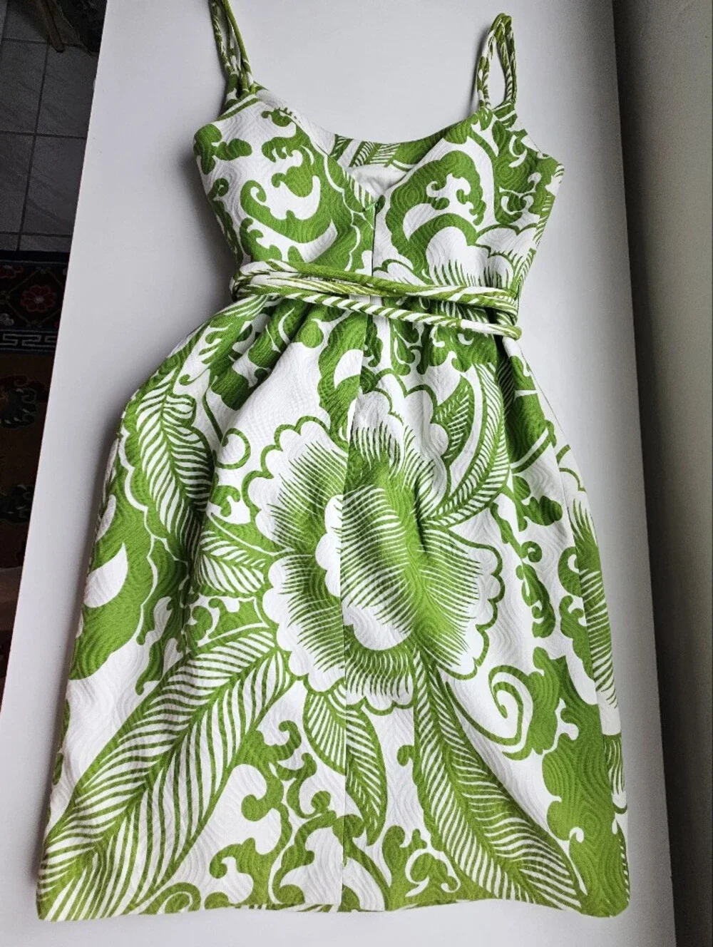 Milly New York Tropical Green And White Quilted Rope Belted Lined Mini Dress
